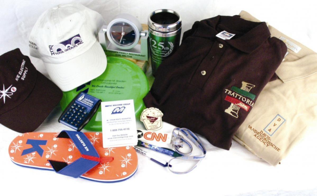 Examples of promotional items including cats, mugs, and shirts