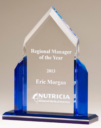 Main Image of Peak Series acrylic award. Clear upright with blue accents, black acrylic base with blue mirror top