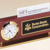Main Image of Rosewood stained piano finish combination clock and business card holder with gold metal accents