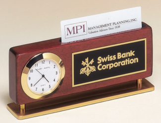 Main Image of Rosewood stained piano finish combination clock and business card holder with gold metal accents