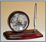Main Image of Skeleton clock, silver movement and pen with rosewood piano-finish case.