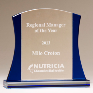 Main Image of Premium Series glass award. Clear glass upright with blue accents.