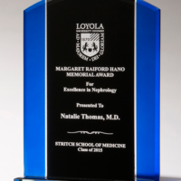 Main Image of Clear glass with blue and black silk screened upright,black screened base with felt bottom