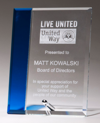 Main Image of Clear glass award with sapphire blue highlight, silver plated easel post