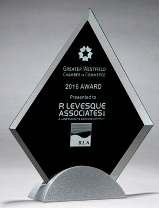 Main Image of Diamond-shaped glass award with black silk screen on silver metal base