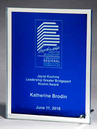 Main Image of Glass plaque with blue silk screened center and mirror border