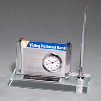 Main Image of Clock, Pen and Business Card Holder on Clear Glass Base