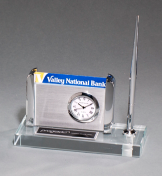 Main Image of Clock, Pen and Business Card Holder on Clear Glass Base