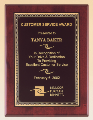 Main Image of Rosewood stained piano finish plaque with a black brass plate and gold braided design border.