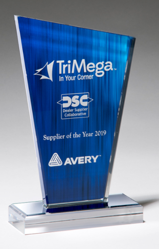 Main Image of Peak Series Clear Acrylic with Printed Blue Background and Silver Mirror-Topped Base
