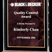 Main Image of 3/4″ thick polished acrylic award with a ruby marble center on a solid American walnut base.