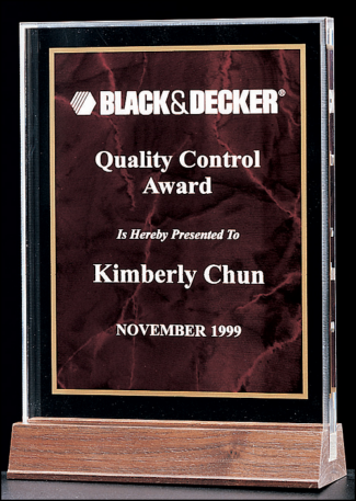 Main Image of 3/4″ thick polished acrylic award with a ruby marble center on a solid American walnut base.