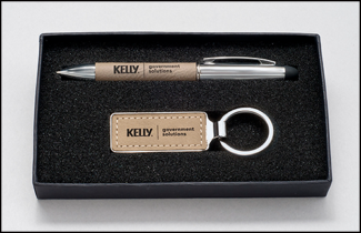Main Image of Taupe Leather Gift Set Pen and Key Chain