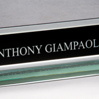 Main Image of Glass name plate with black silk screened engraving area and mirror border