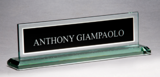 Main Image of Glass name plate with black silk screened engraving area and mirror border