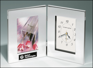 Main Image of Combination clock and photo frame in polished silver aluminum.