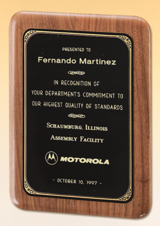 Main Image of Solid American walnut plaque with a precision elliptical edge and a black or brushed brass plate with printed border.