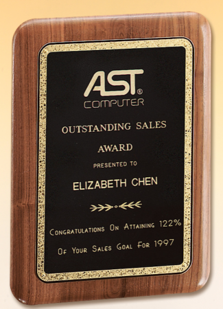 Main Image of Solid American walnut plaque with a precision elliptical edge and a black brass plate with gold florentine border.