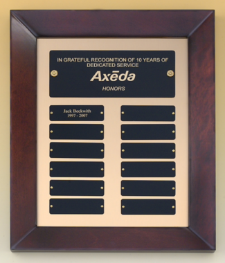 Main Image of Cherry finish frame perpetual plaque with 12 black brass plates on brush metal gold background