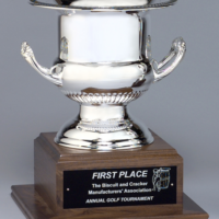 Main Image of Silver plated brass wine cooler or trophy cup on solid walnut base