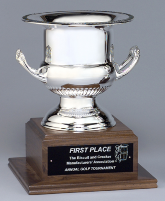 Main Image of Silver plated brass wine cooler or trophy cup on solid walnut base