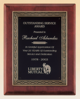 Main Image of Rosewood stained piano finish plaque with an antique bronze finished frame casting and black brass engraving plate