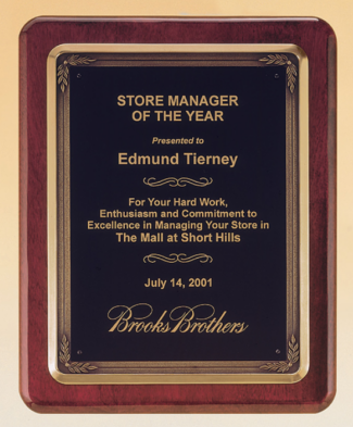 Main Image of Rosewood stained piano finish plaque with antique bronze plated metal frame casting.