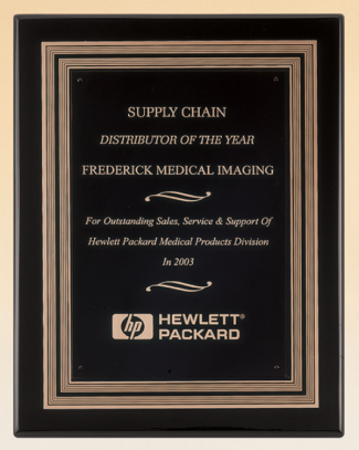 Main Image of Black stained piano finish plaque with a black and gold embossed back plate and black brass engraving plate.