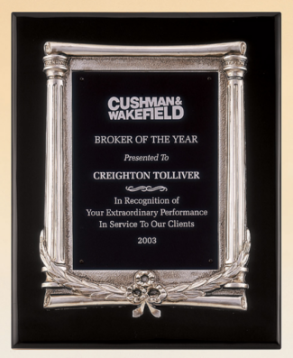 Main Image of Black stained piano finish plaque with an antique silver finished frame casting and black aluminum engraving plate.