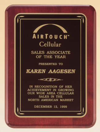 Main Image of Rosewood stained piano finish plaque with gloss black border and matte black center.