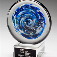 Main Image of Blue and White Disc Art Glass Award with Clear Glass Base
