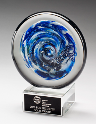 Main Image of Blue and White Disc Art Glass Award with Clear Glass Base