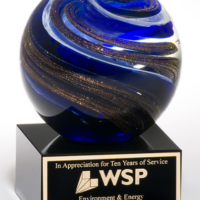 Main Image of Art glass globe with blue, white and metallic gold highlights on black glass base with felt bottom.