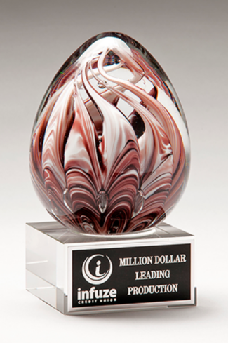 Main Image of Egg-Shaped Burgundy and White Art Glass Award on Clear Glass Base