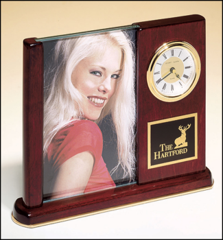 Main Image of Rosewood Piano Finish Desk Clock with Glass Picture Frame