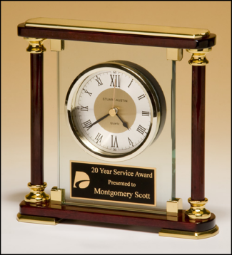 Main Image of Traditional Glass and Rosewood Piano-Finish Clock with Gold Metal Accents.