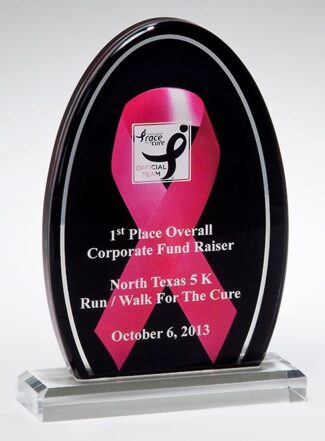 Main Image of Breast cancer awareness acrylic. Pink ribbon against a black background with a mirror silver border.