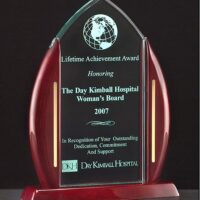 Main Image of Flame Series 3/8″ thick acrylic award on a rosewood stained piano finish base with gold metal accents.