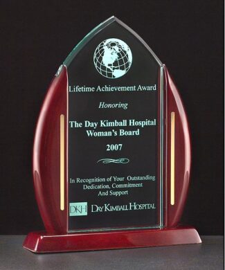Main Image of Flame Series 3/8″ thick acrylic award on a rosewood stained piano finish base with gold metal accents.