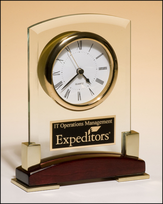 Main Image of Beveled Glass Desktop Clock, Rosewood Piano-Finish Base with Gold Metal Accents