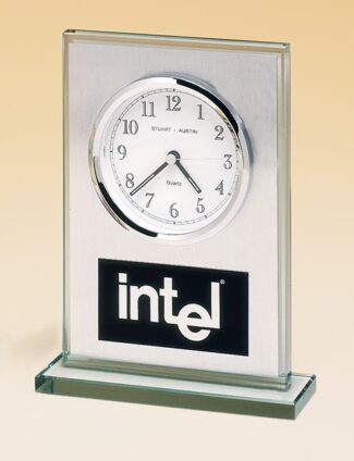 Main Image of Glass Clock with Brushed Aluminum Panel and White Dial