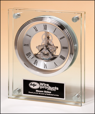 Main Image of Contemporary Styled Large Glass Clock with Silver Skeleton Movement