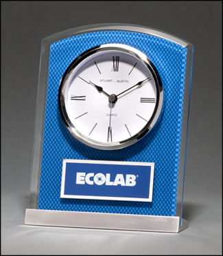 Main Image of Glass Clock with Blue Carbon Fiber Design on Aluminum Base Silver Bezel, White Dial, Three-Hand Movement