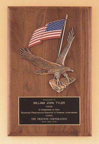 Solid American walnut Airflyte plaque with a large eagle and American flag casting