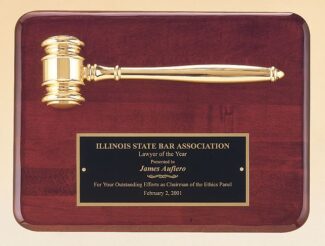 Main Image of Rosewood stained piano finish plaque with a gold electroplated metal gavel.