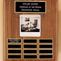 Solid American walnut Airflyte perpetual plaque with 12 plates and photograph holder