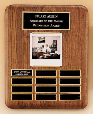 Solid American walnut Airflyte perpetual plaque with 12 plates and photograph holder