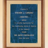 Main Image of Solid American walnut plaque with a frost gold back plate with bright gold embossed frame available in 3 marble finishes