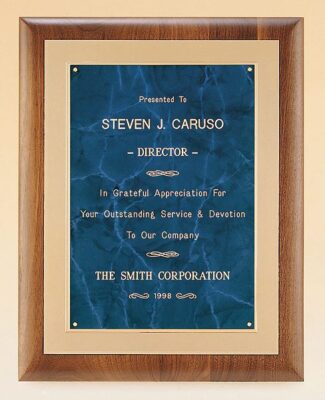 Main Image of Solid American walnut plaque with a frost gold back plate with bright gold embossed frame available in 3 marble finishes