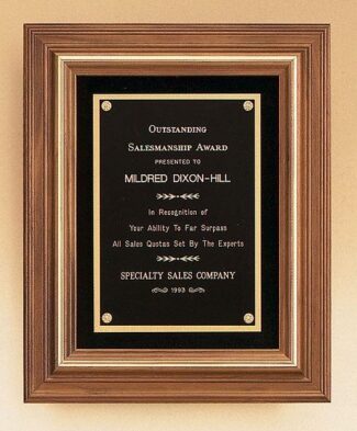 Solid American walnut framed plaque with gold trim